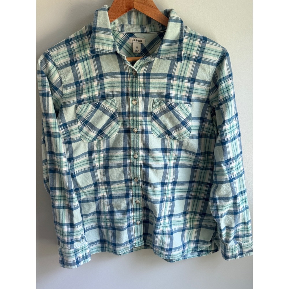 L.L. Bean Lot of 2 Flannel Button Down Shirt Womens Medium Petite Blue Green